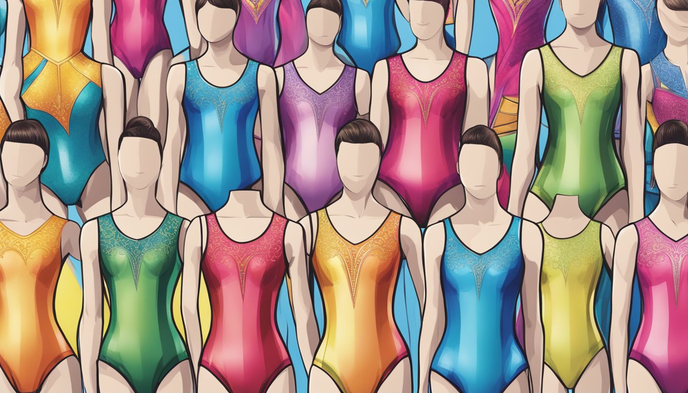 A lineup of leotards with unique features and customizations on display. Bright colors and intricate designs showcase the innovation of famous brands