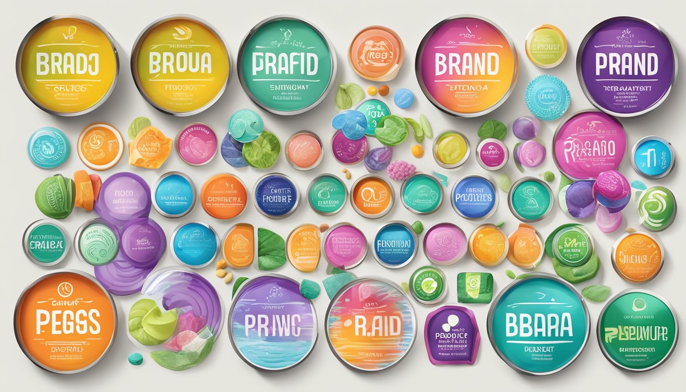 A colorful array of top probiotic and prebiotic brand logos arranged in a circular pattern, with vibrant packaging and clear brand names