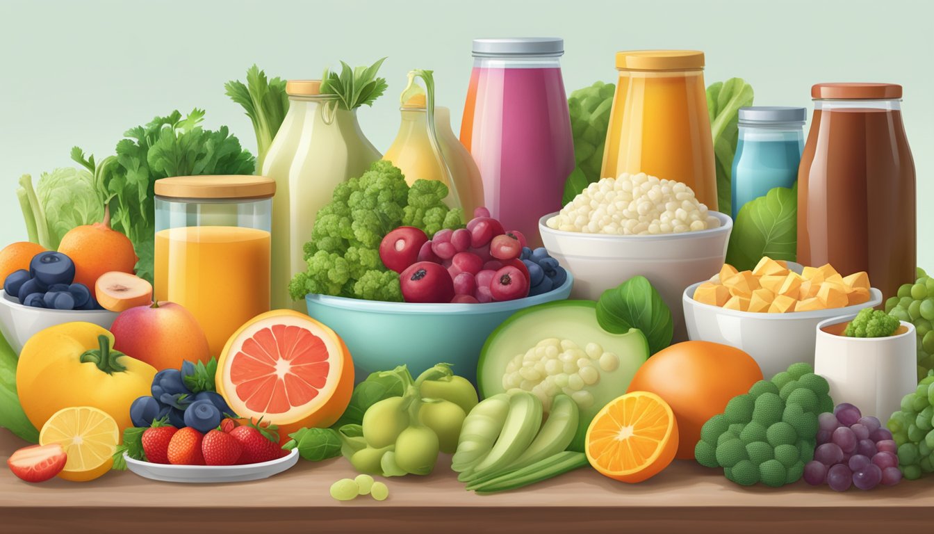 A colorful array of fruits, vegetables, and dairy products are arranged on a table, with labels indicating their probiotic and prebiotic content