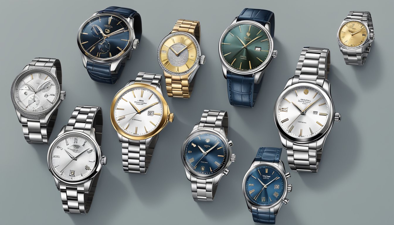 A display of popular Swiss watch brands at a watch store, showcasing affordable options with sleek designs and various styles