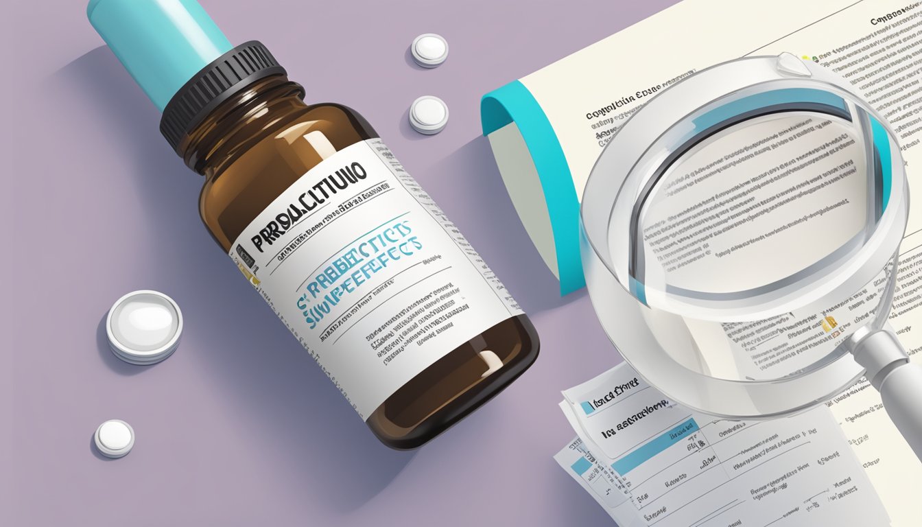A bottle of prebiotic supplements next to a list of potential side effects and considerations, with a magnifying glass highlighting the important details