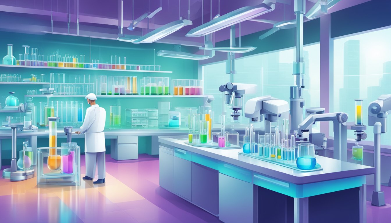 A laboratory with test tubes and microscopes, showcasing the process of probiotics research. Bright colors and futuristic equipment convey a sense of innovation and progress