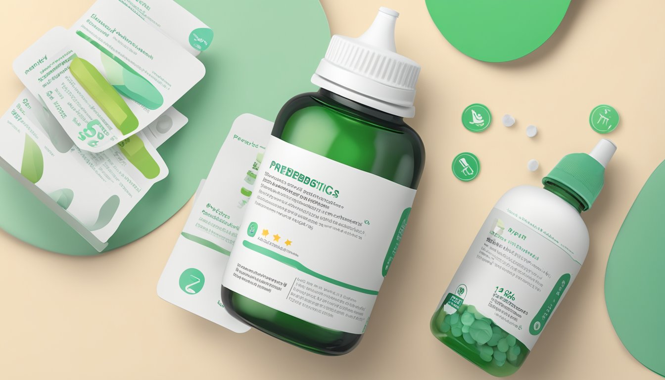 A stack of FAQ cards next to a bottle of prebiotics, with a review rating visible