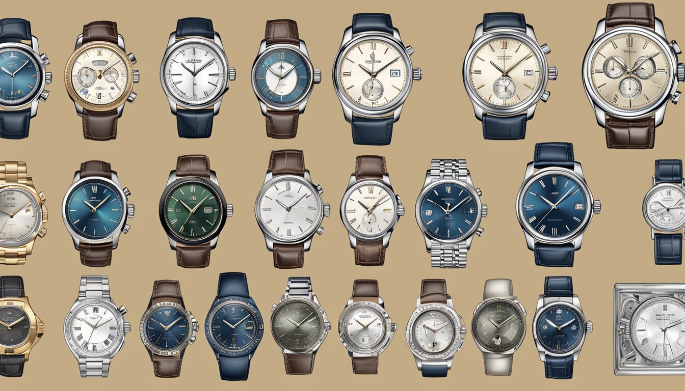 A display of Swiss watch types, ranging from luxury to affordable, showcasing various designs, materials, and features