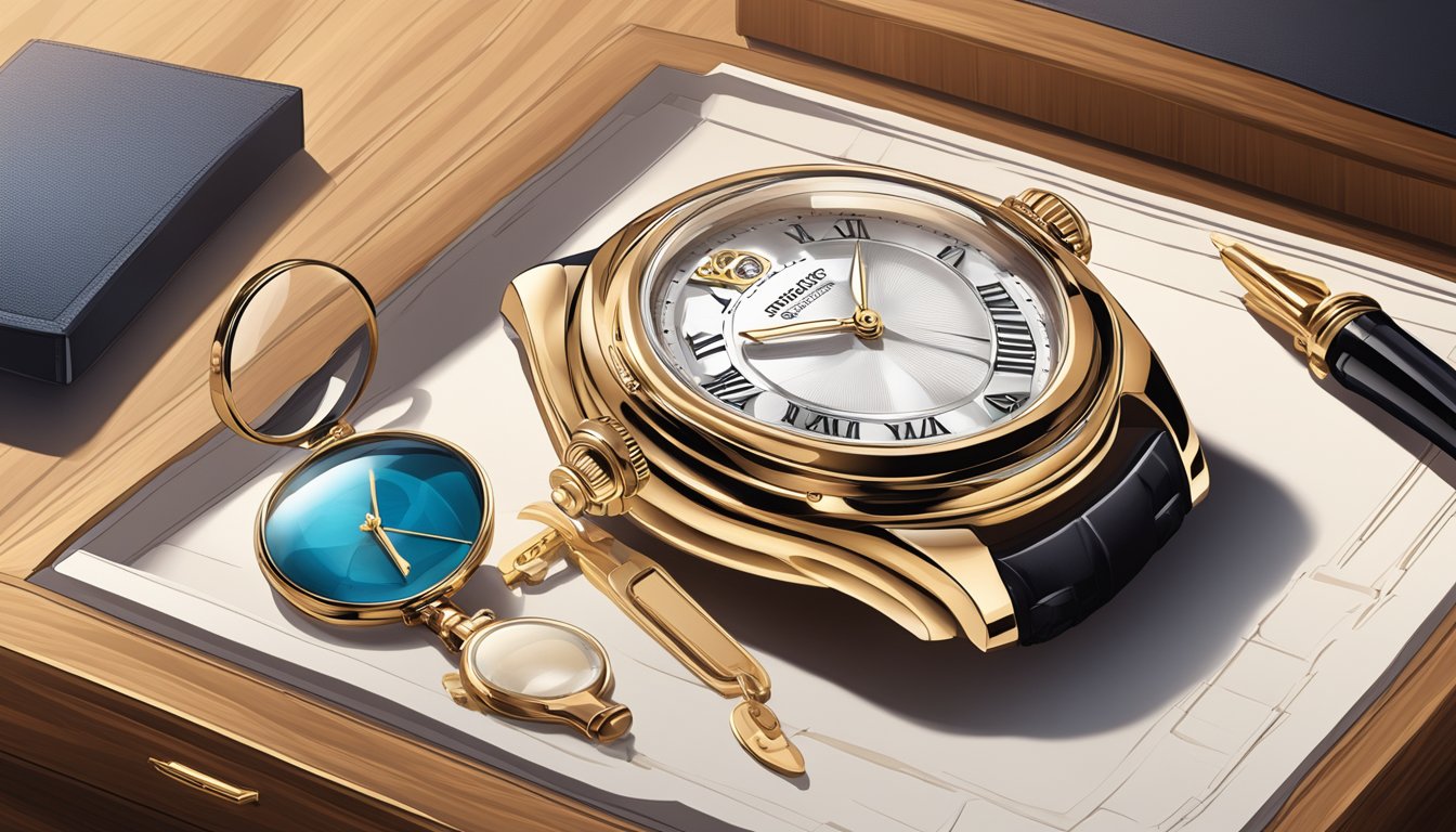 A luxurious Swiss watch displayed on a polished wooden surface, surrounded by elegant watch boxes and a magnifying glass