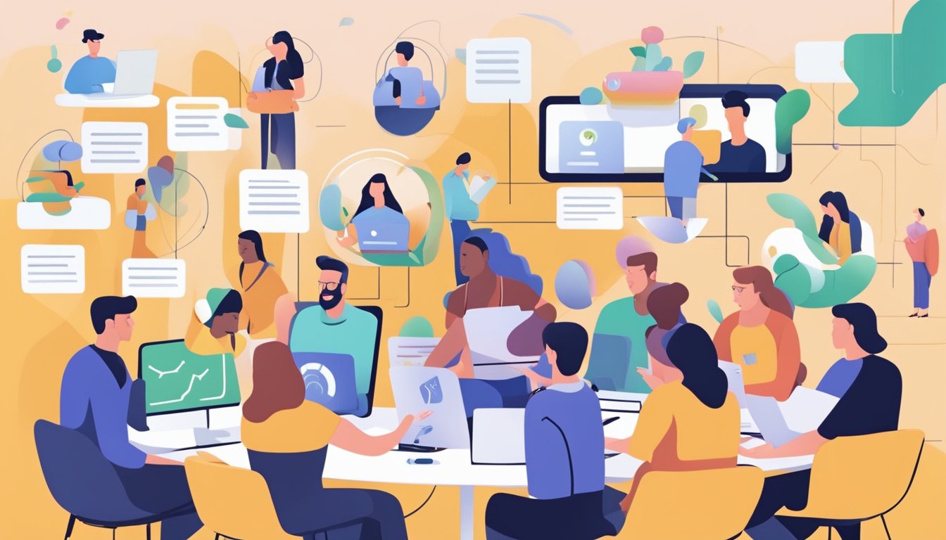 A group of small influencers engaging with various brands, discussing collaborations and partnerships. Their social media profiles and engagement metrics are displayed on a screen in the background