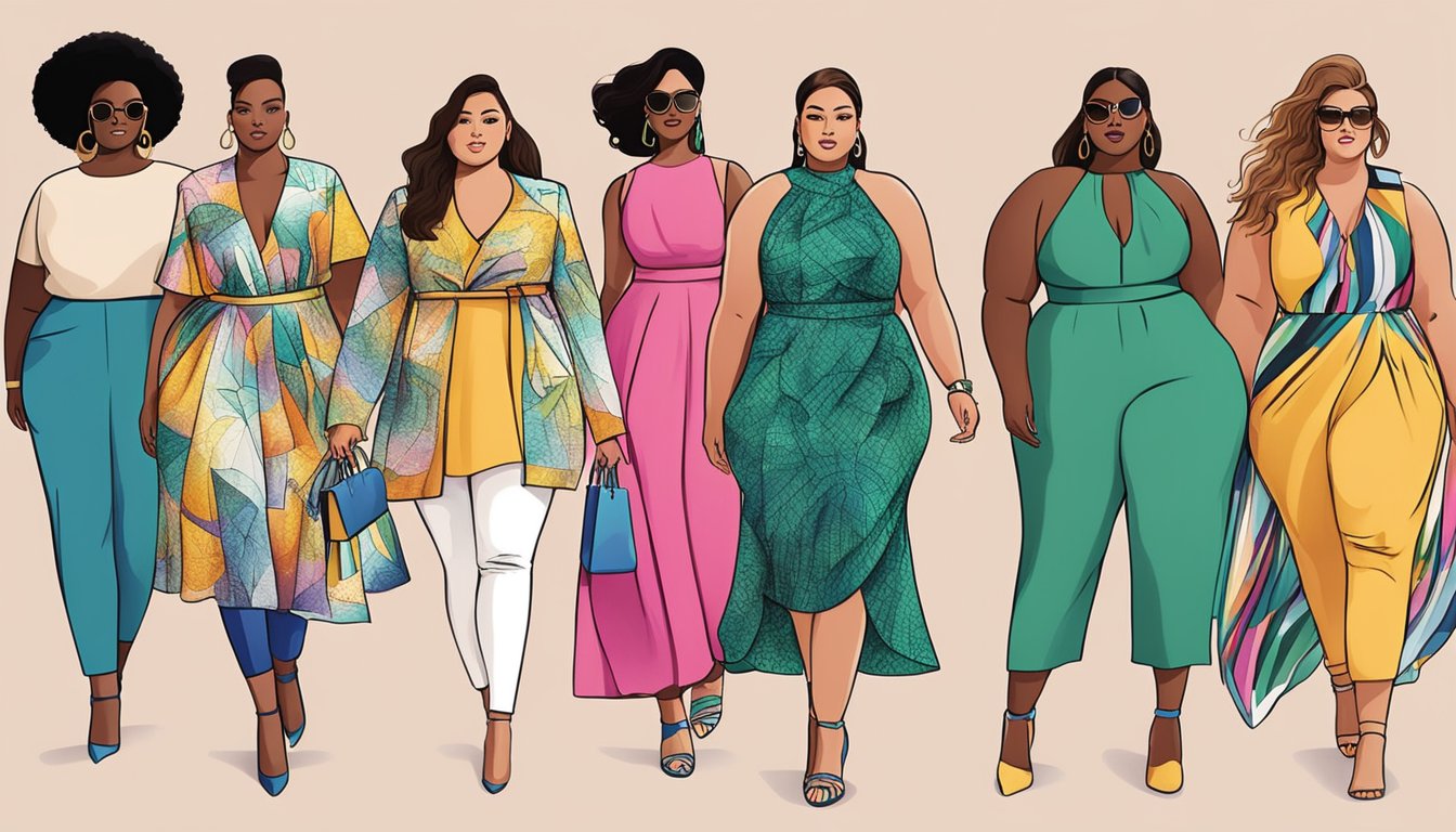 A runway show featuring bold, vibrant plus-size fashion designs with diverse models strutting confidently