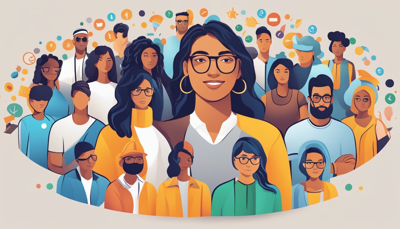 A group of diverse brand logos surround a small influencer, symbolizing collaboration and partnership. The influencer stands confidently, representing the power of small creators in the marketing world