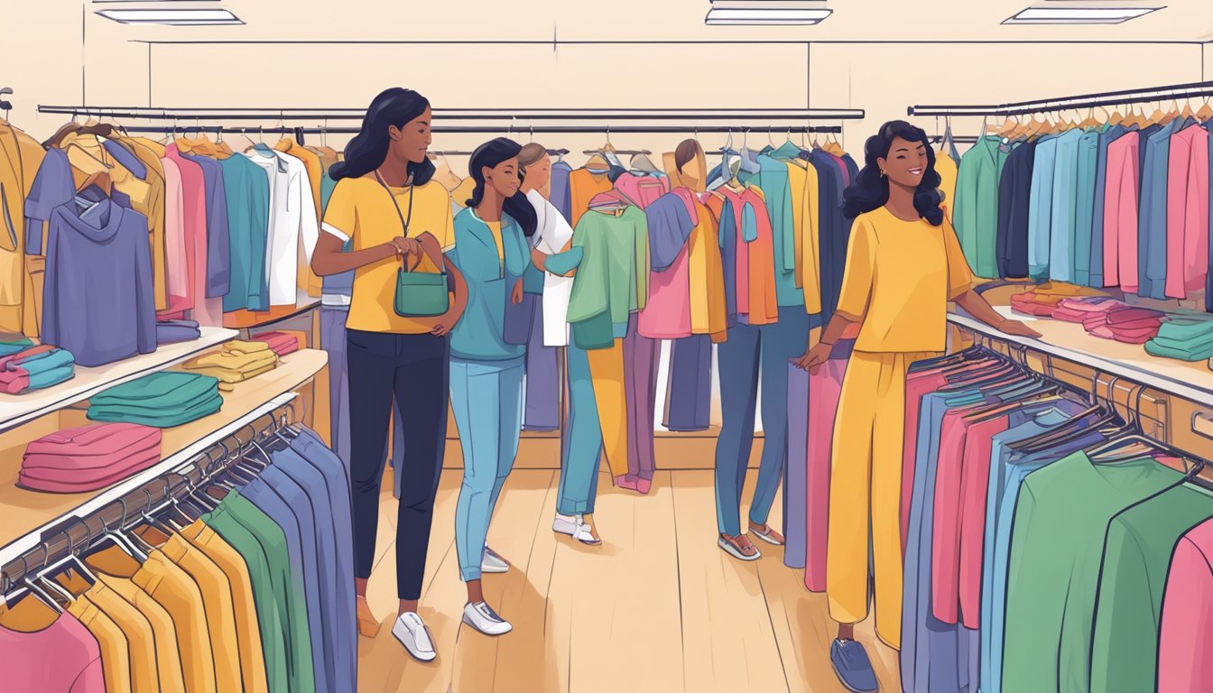 Customers browsing through racks of colorful clothing, engaging with friendly staff, and trying on various sizes and styles