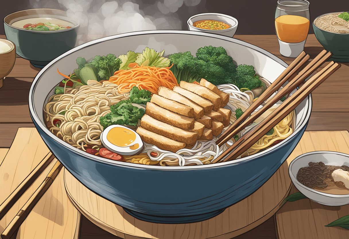 A steaming bowl of ramen sits on a wooden table, surrounded by vibrant ingredients and chopsticks. The restaurant's sign "Beyond Ramen: Other Culinary Delights" hangs in the background