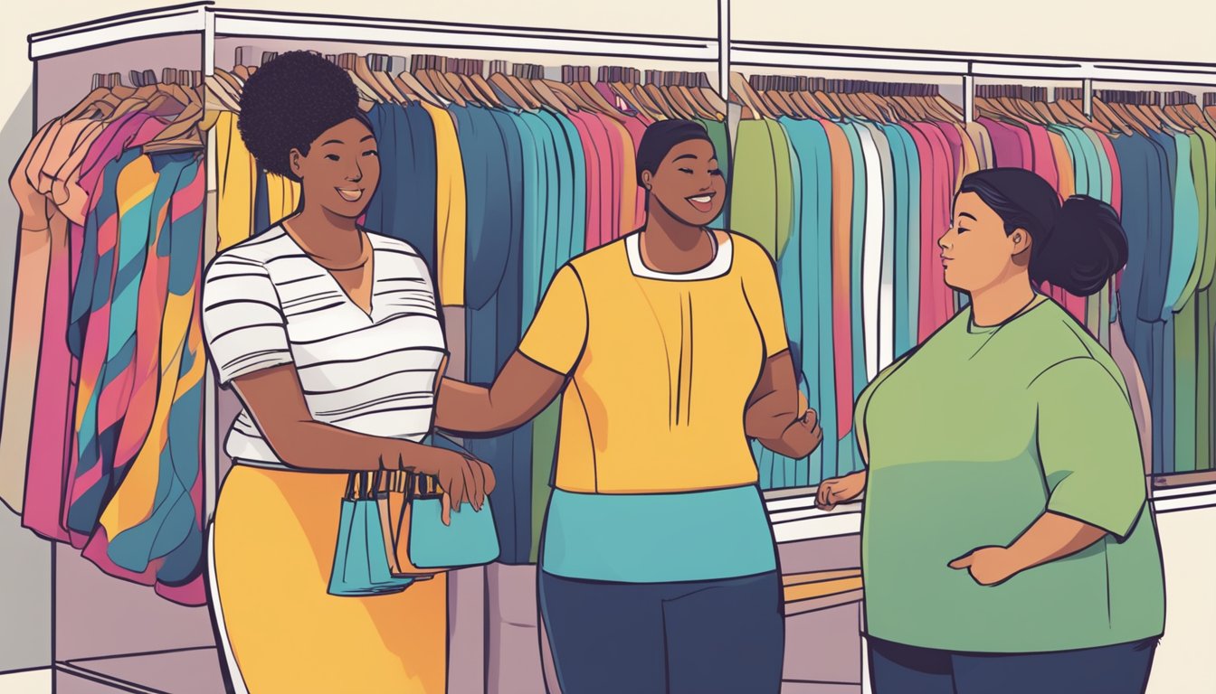 Customers browsing racks of colorful plus-size clothing, while a friendly employee assists a customer with a question