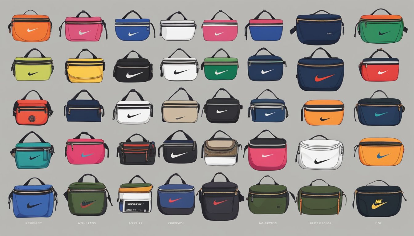 A display of fanny packs from different eras, showcasing the evolution of styles, colors, and materials. Brands like Nike, Adidas, and Gucci are prominently featured