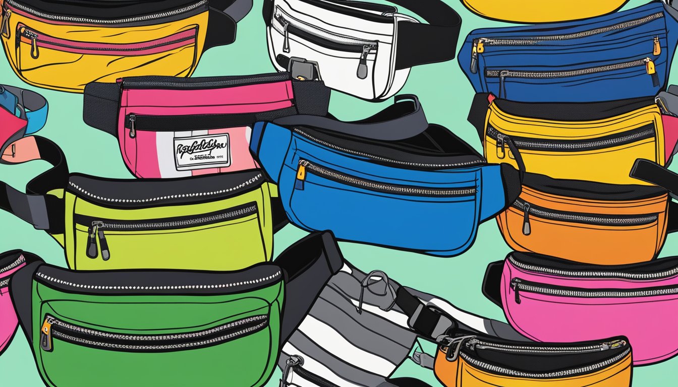 Various fanny pack brands displayed in a row, each showcasing their unique signature style and design. Bright colors, bold patterns, and diverse materials add to the visual appeal
