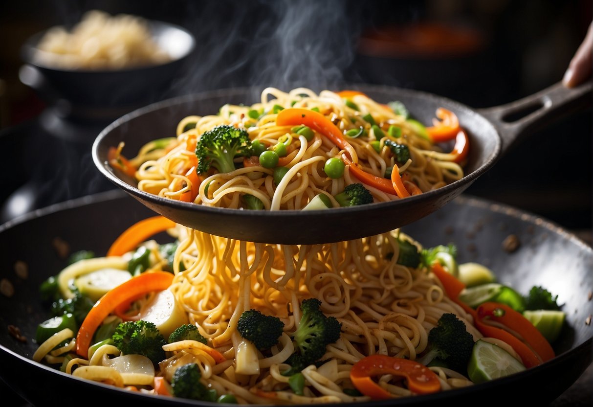 A wok sizzles with stir-fried yellow noodles, tossed with soy sauce, vegetables, and savory seasonings