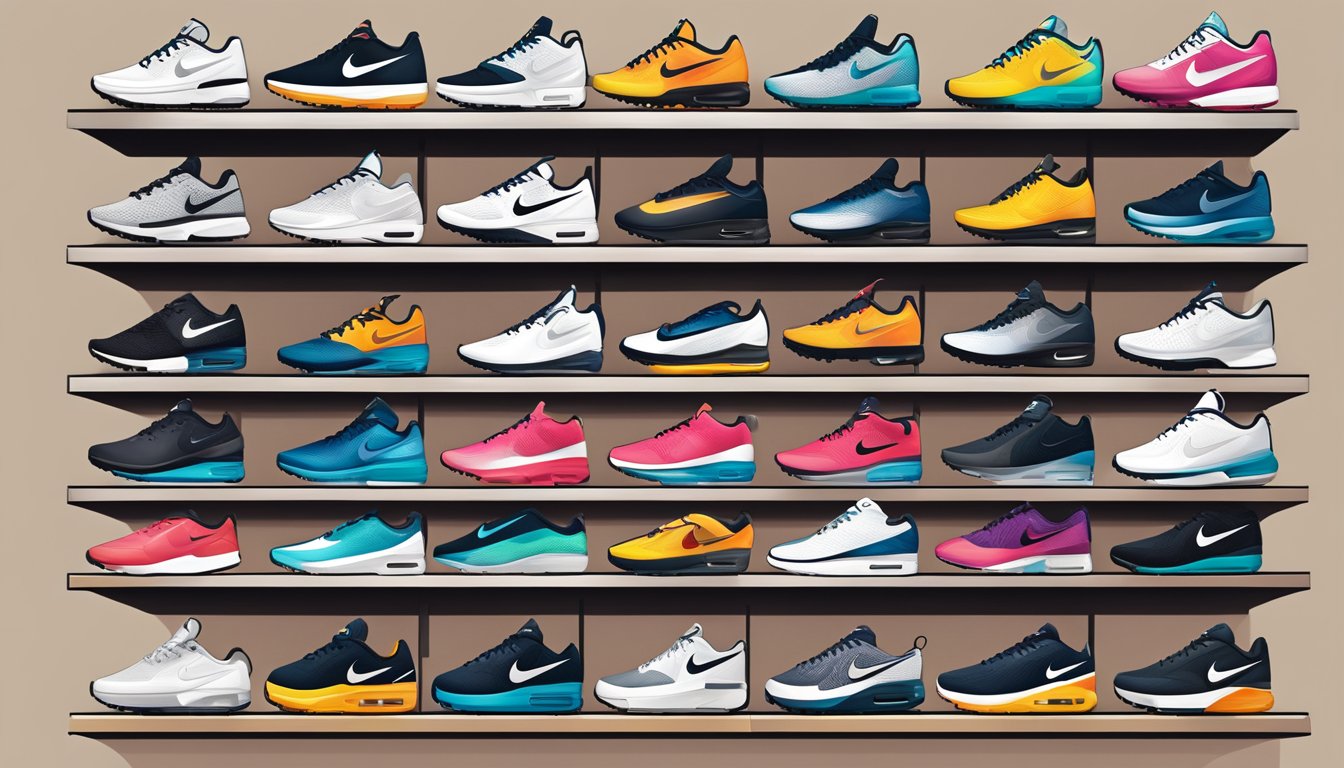 Various Nike products displayed on shelves with the brand logo prominently featured