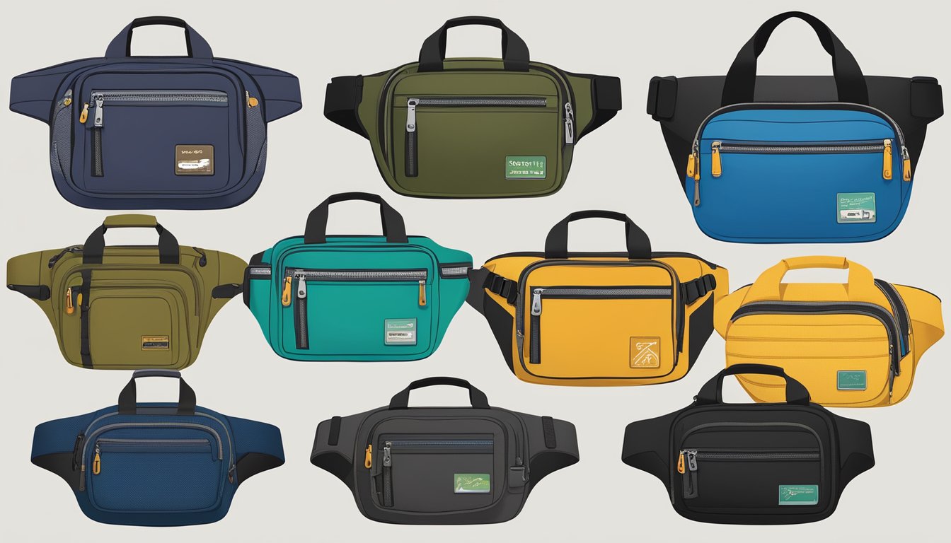 A display of various fanny pack brands arranged on a table, each with different colors, sizes, and features. Labels showcase the versatility and functionality for different lifestyles