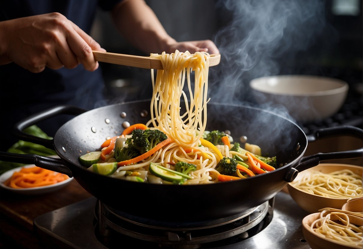 A wok sizzles with stir-fried vegetables and Chinese yellow noodles. Steam rises as the chef adds soy sauce and sesame oil