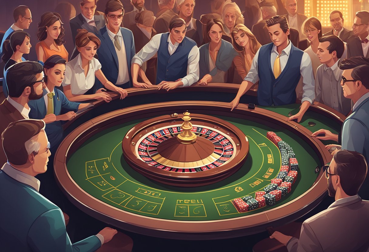 A crowded casino floor with a regular table roulette and a live dealer roulette. Players placing bets and the wheel spinning in both games
