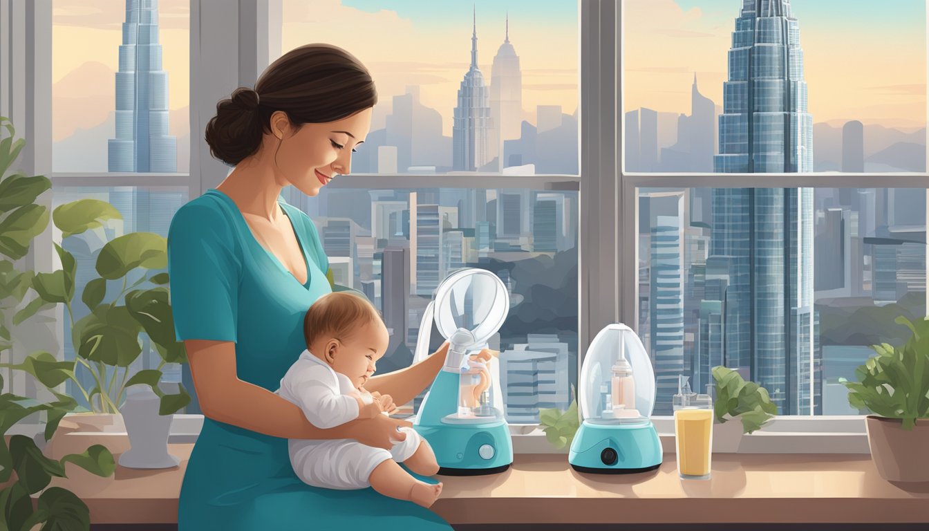 A mother places a breast pump by a window, with a view of the iconic Petronas Towers in the background