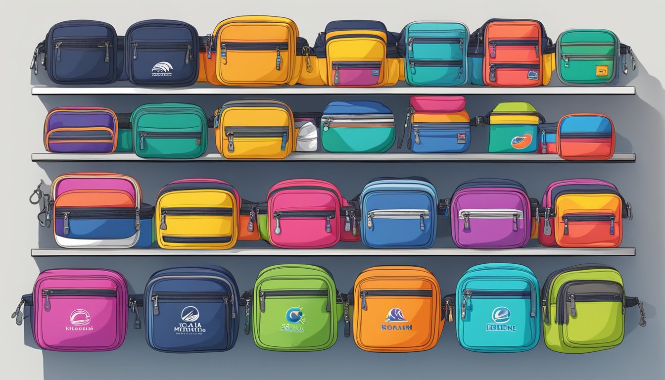 A variety of colorful fanny packs arranged on a display shelf with bold brand logos and clear product labels
