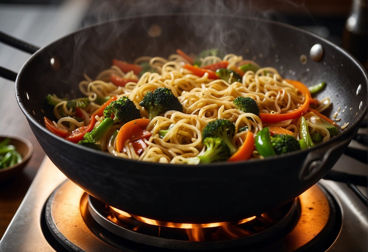 A wok sizzles with oil as noodles are stir-fried with vegetables and savory sauces. Steam rises as the noodles are tossed and flipped with precision