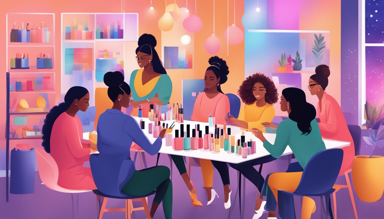 A diverse group of women gather around a table, brainstorming and creating makeup products. Bright lights and colorful swatches cover the workspace