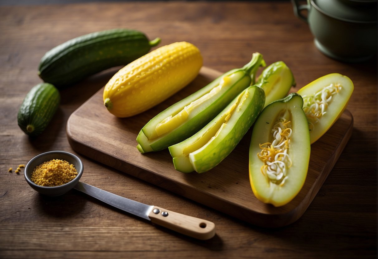 A cutting board with fresh Chinese yellow cucumbers, a knife, and a bowl of seasoning ingredients