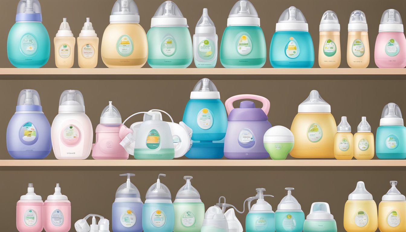 Several top breast pump brands displayed on shelves in a Malaysian store