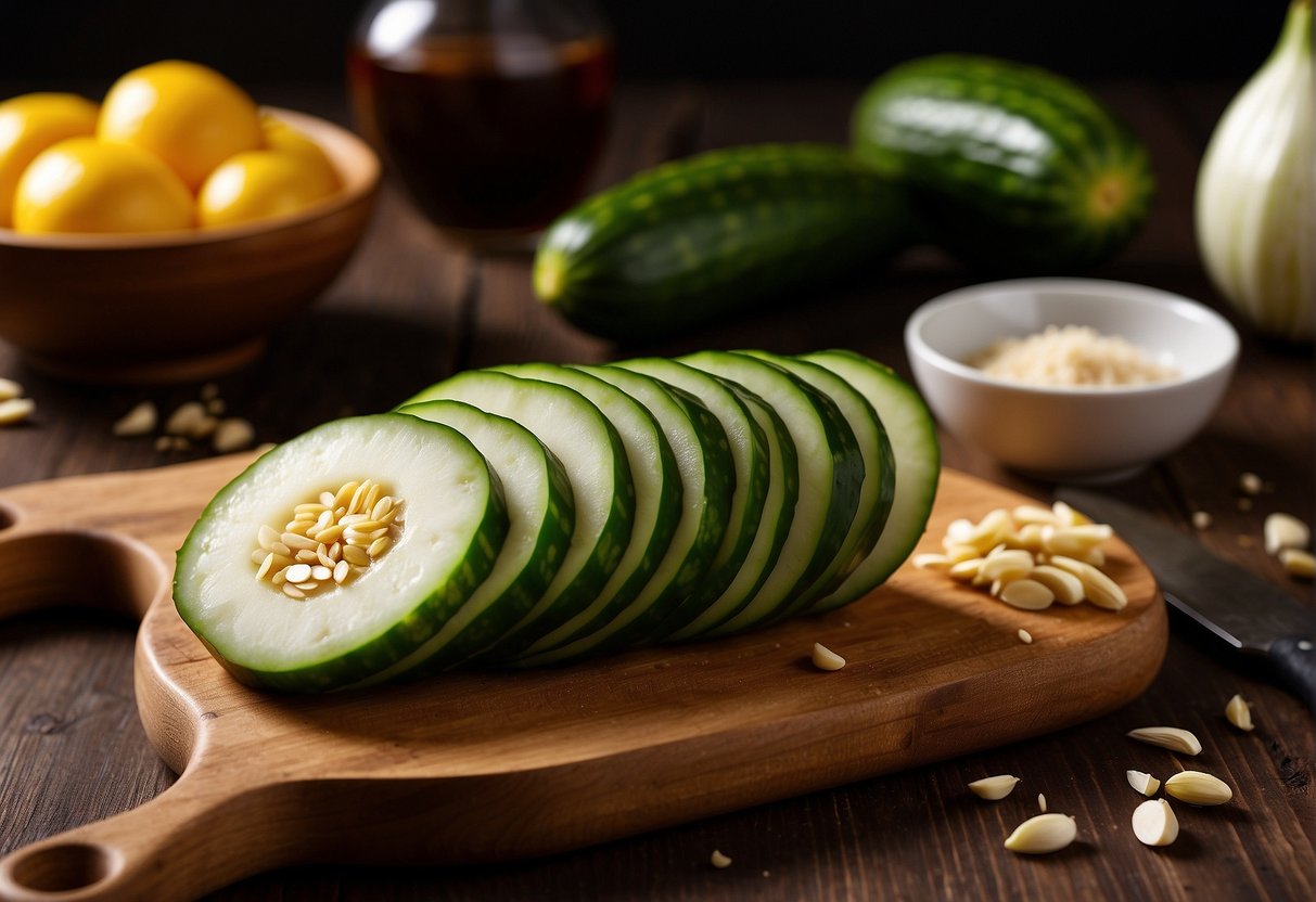 A fresh Chinese yellow cucumber is being sliced with a sharp knife on a wooden cutting board, surrounded by various ingredients like garlic, soy sauce, and vinegar