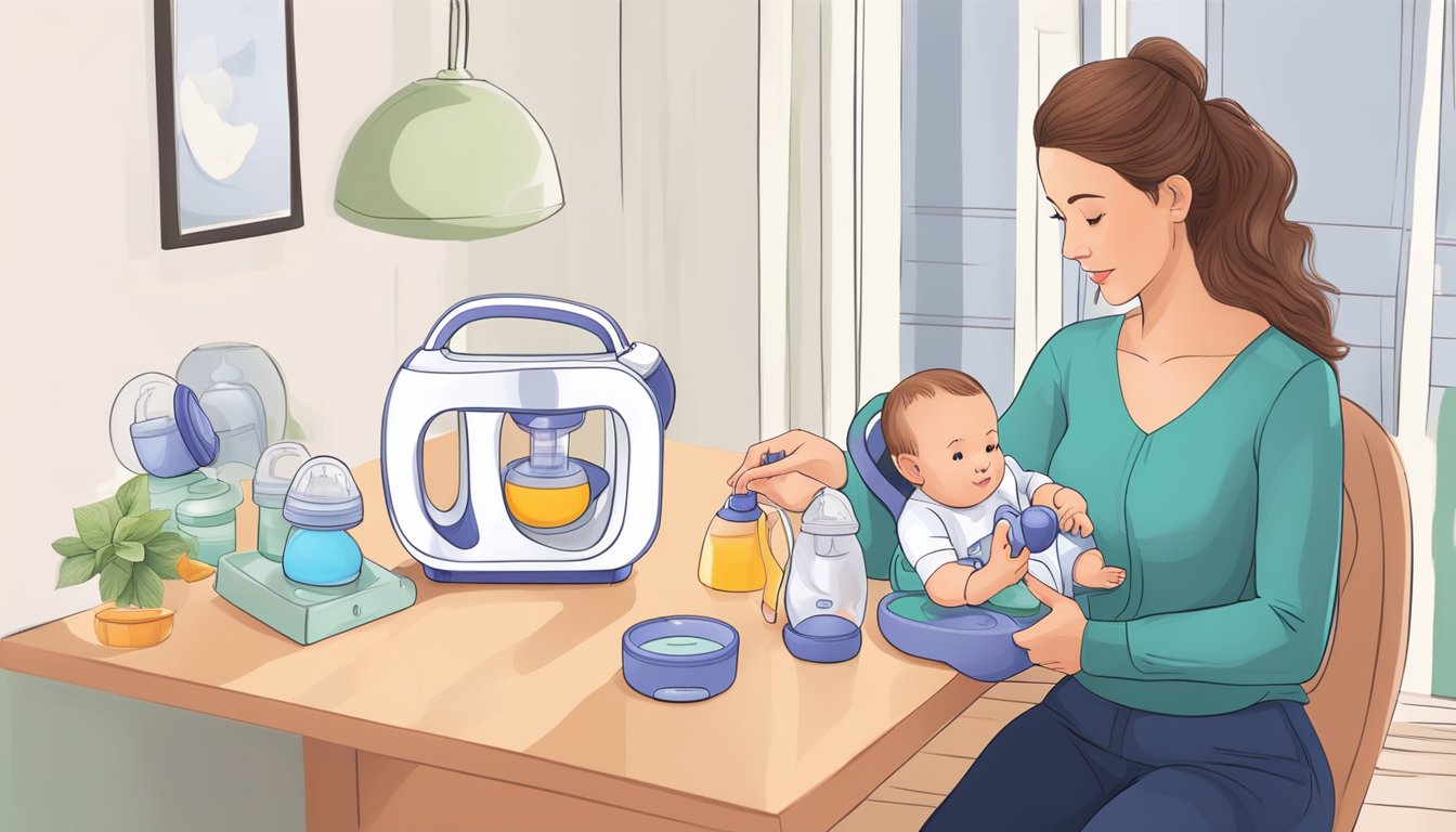 A mother adjusting settings on a sleek, compact breast pump while multitasking