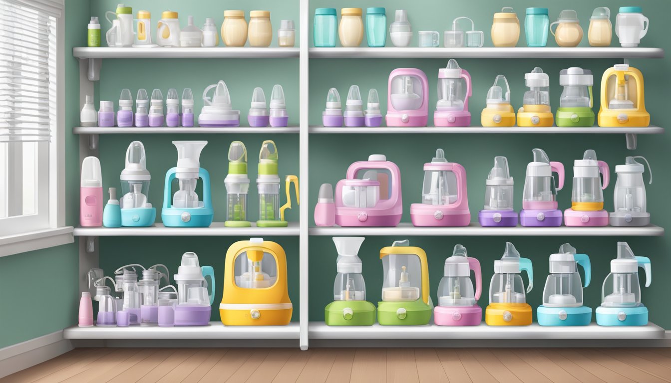 A variety of breast pumps displayed on shelves, with colorful packaging and different sizes, catering to various lifestyles