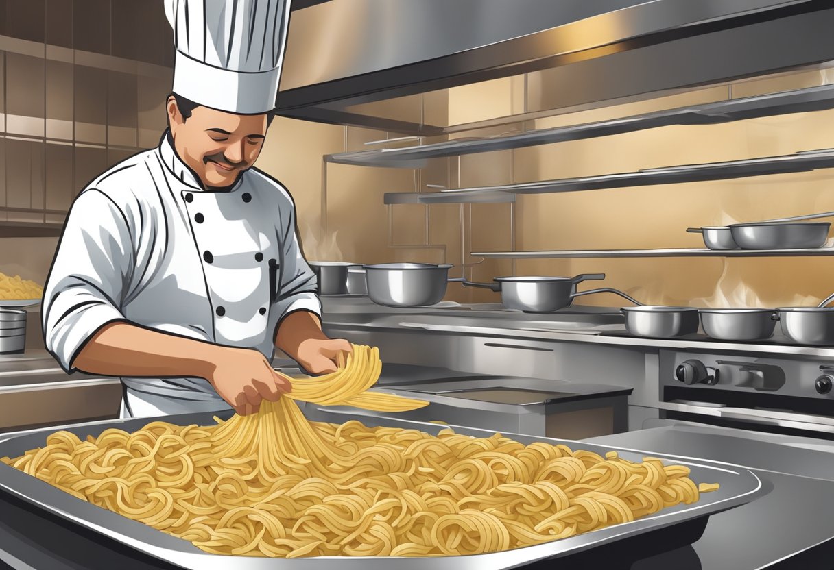 A chef prepares gluten-free pasta in a bustling Orlando restaurant kitchen. Ingredients are carefully selected and cooked to accommodate dietary restrictions