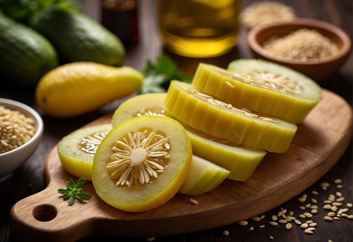 A cutting board with Chinese yellow cucumbers, sesame oil, soy sauce, garlic, and vinegar. Optional substitutes like regular cucumbers and rice vinegar nearby