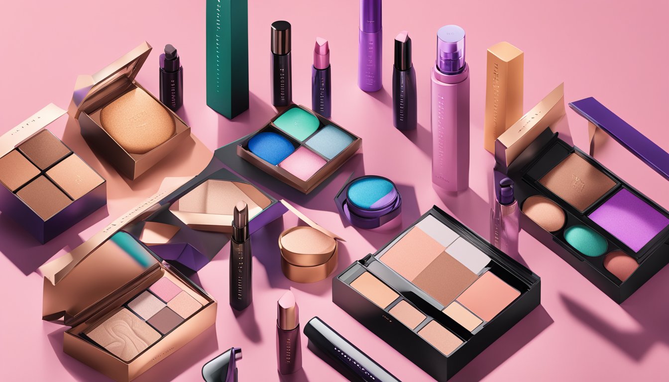 A vibrant display of Fenty Beauty products, with sleek packaging and innovative formulas, positioned to showcase the brand's commitment to diversity and inclusivity