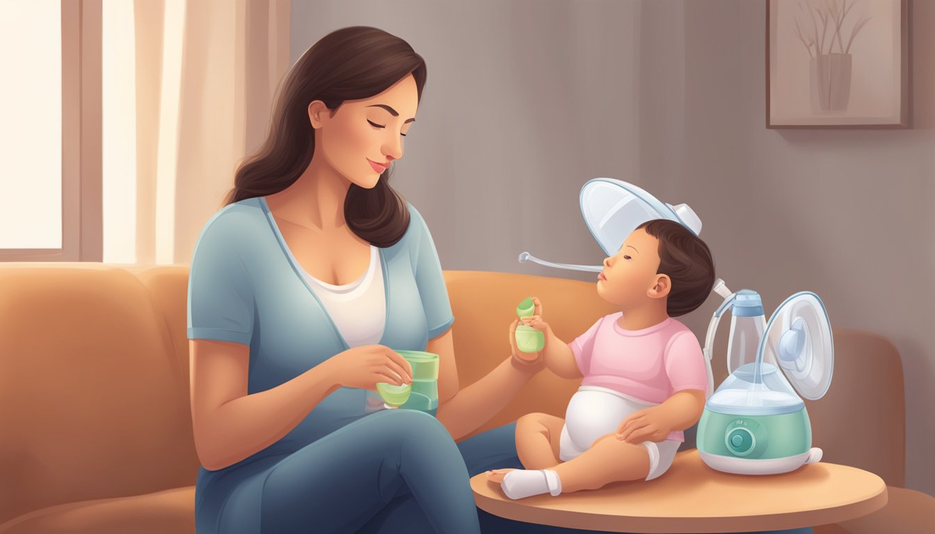 A mother sits comfortably, using a quiet and efficient breast pump. A warm, soothing atmosphere surrounds her