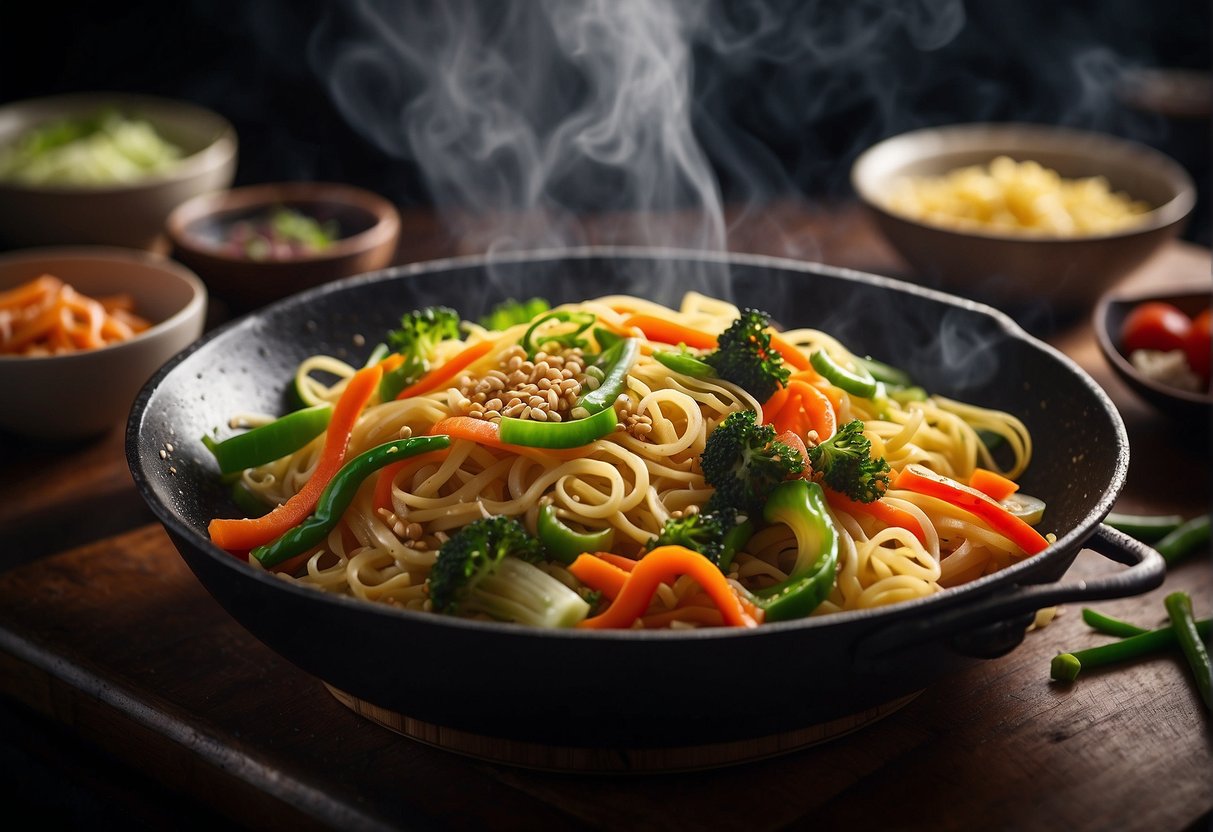 A steaming wok sizzles with stir-fried vegetables and tender Chinese yellow noodles, garnished with sesame seeds and green onions