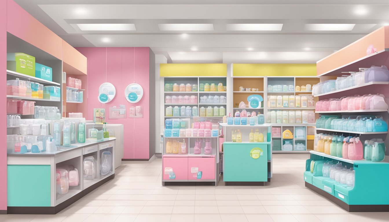 The scene shows a variety of breast pump brands displayed in a Malaysian store, with clear signage indicating accessibility and purchasing options