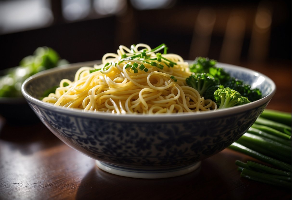 A steaming bowl of Chinese yellow noodles sits on a dark wooden table, surrounded by vibrant green vegetables and garnished with sesame seeds and sliced green onions