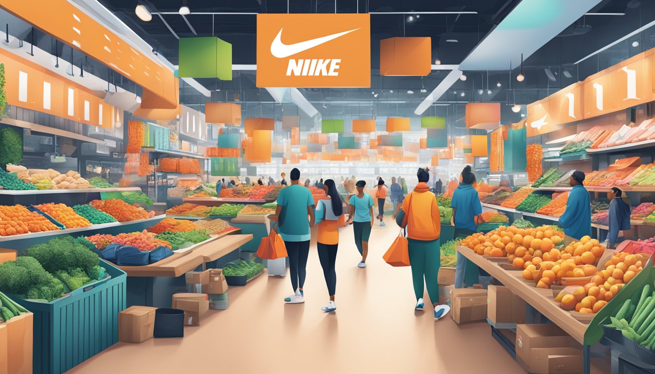 A bustling market with Nike's logo prominently displayed on various products. Different marketing strategies are showcased, including digital ads and influencer partnerships