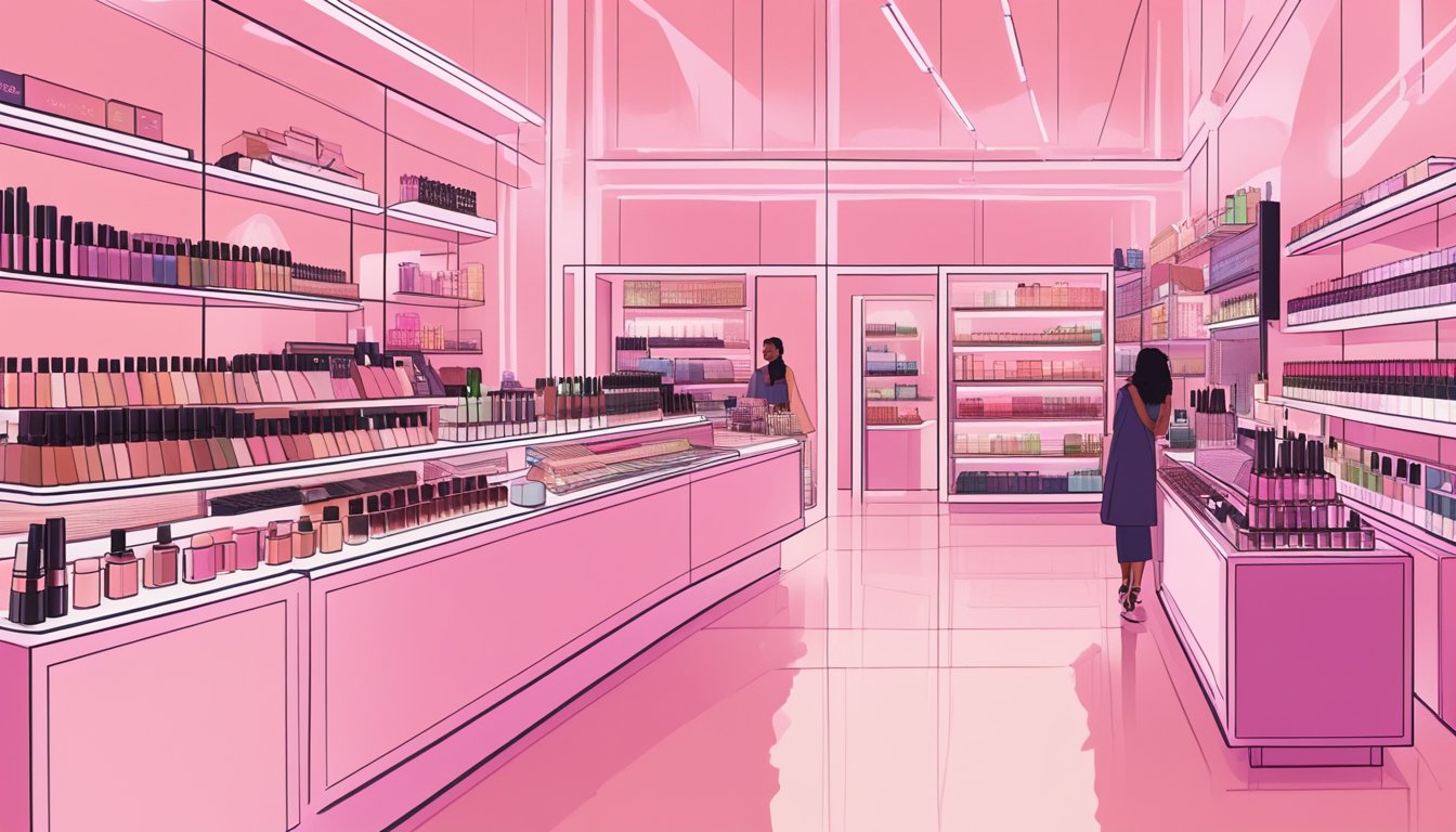 Vibrant storefront with a long line of eager customers, shelves filled with diverse makeup products, and a global map showcasing Fenty Beauty's worldwide presence