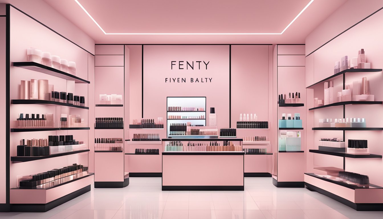 A sleek, modern beauty counter showcases Fenty Beauty products with bold, eye-catching displays and a clean, minimalist aesthetic
