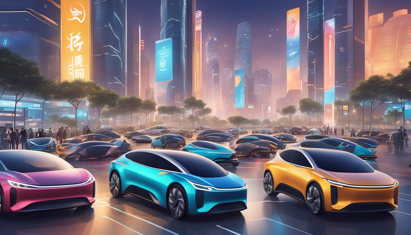 A bustling city street filled with sleek, modern electric cars bearing the logos of prominent Chinese car brands. Brightly lit billboards and futuristic architecture complete the scene