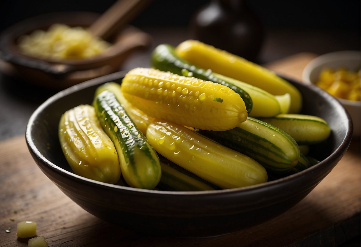 Fresh yellow cucumbers being sliced and mixed with soy sauce, vinegar, and sugar in a bowl. The mixture is then left to marinate for about 30 minutes