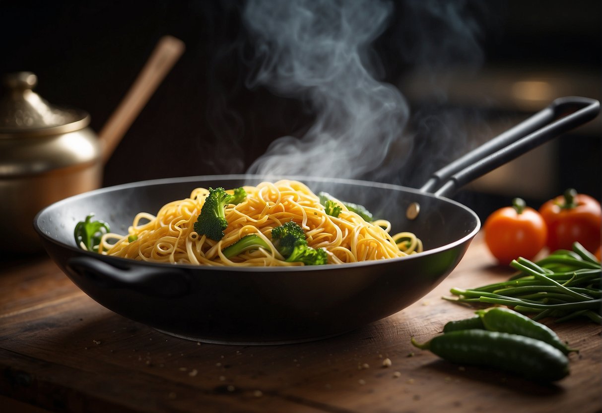 A steaming wok filled with stir-fried Chinese yellow noodles, surrounded by vibrant vegetables and aromatic seasonings