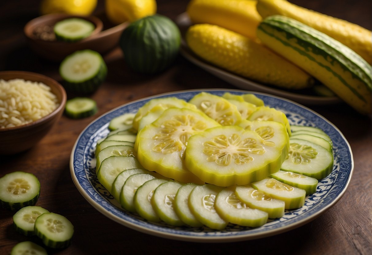 A table with a plate of sliced chinese yellow cucumber, surrounded by ingredients and a nutrition label