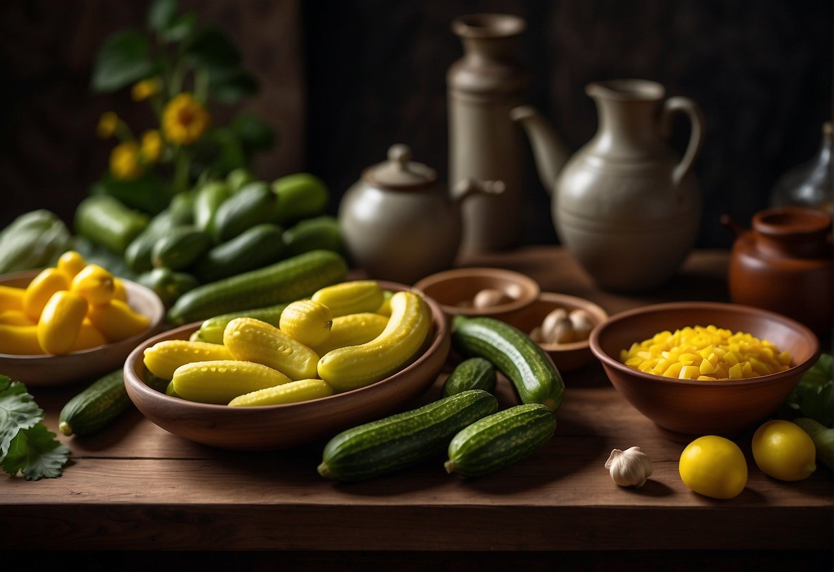 A table adorned with Chinese yellow cucumbers, surrounded by various ingredients and cooking utensils, reflecting the cultural significance and variations of the recipe