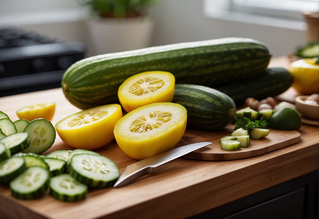 A bright kitchen counter with fresh Chinese yellow cucumbers, a cutting board, knife, and various ingredients laid out for a recipe