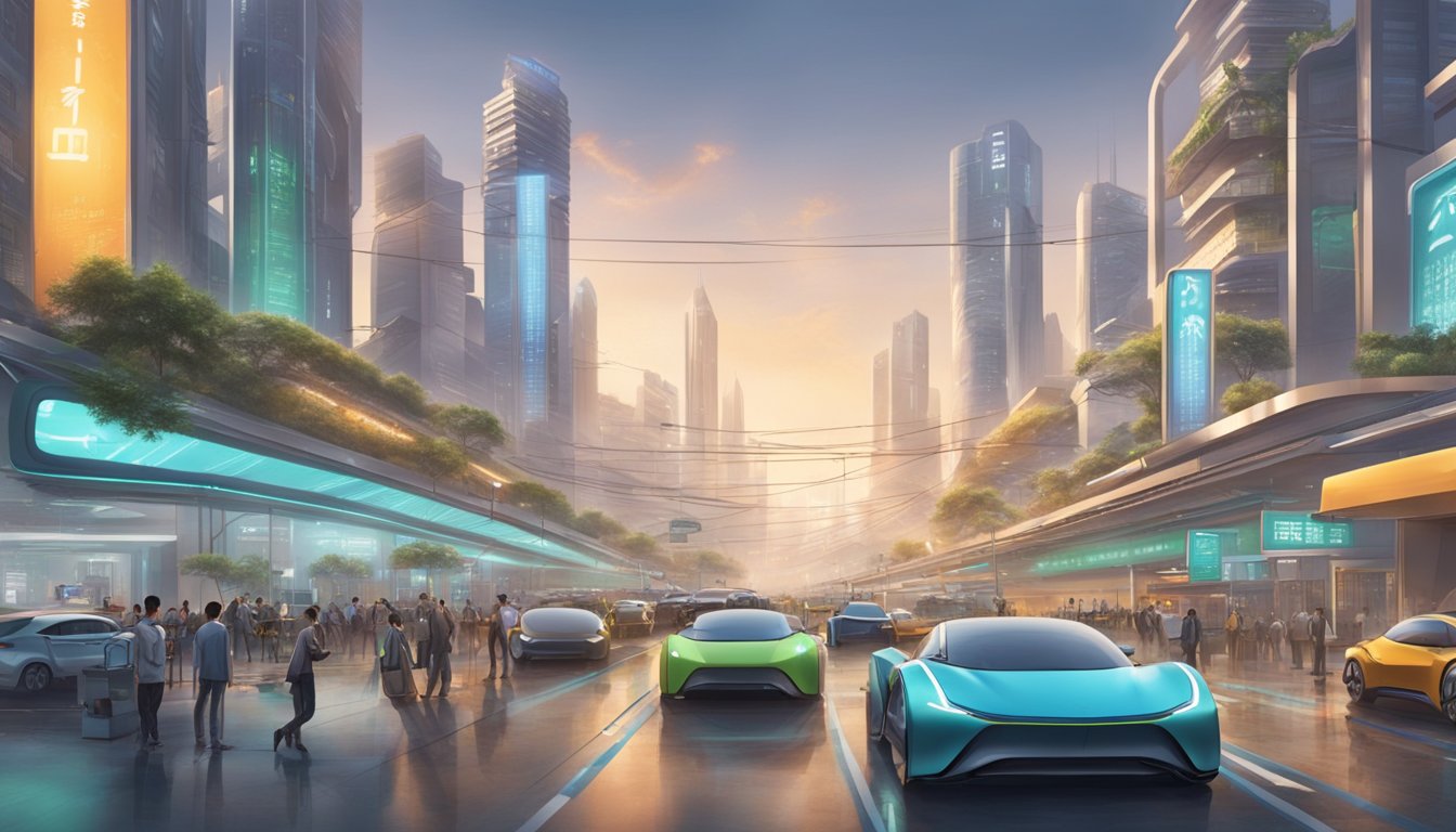 A bustling Chinese city with electric cars filling the streets, charging stations, and futuristic car manufacturing plants