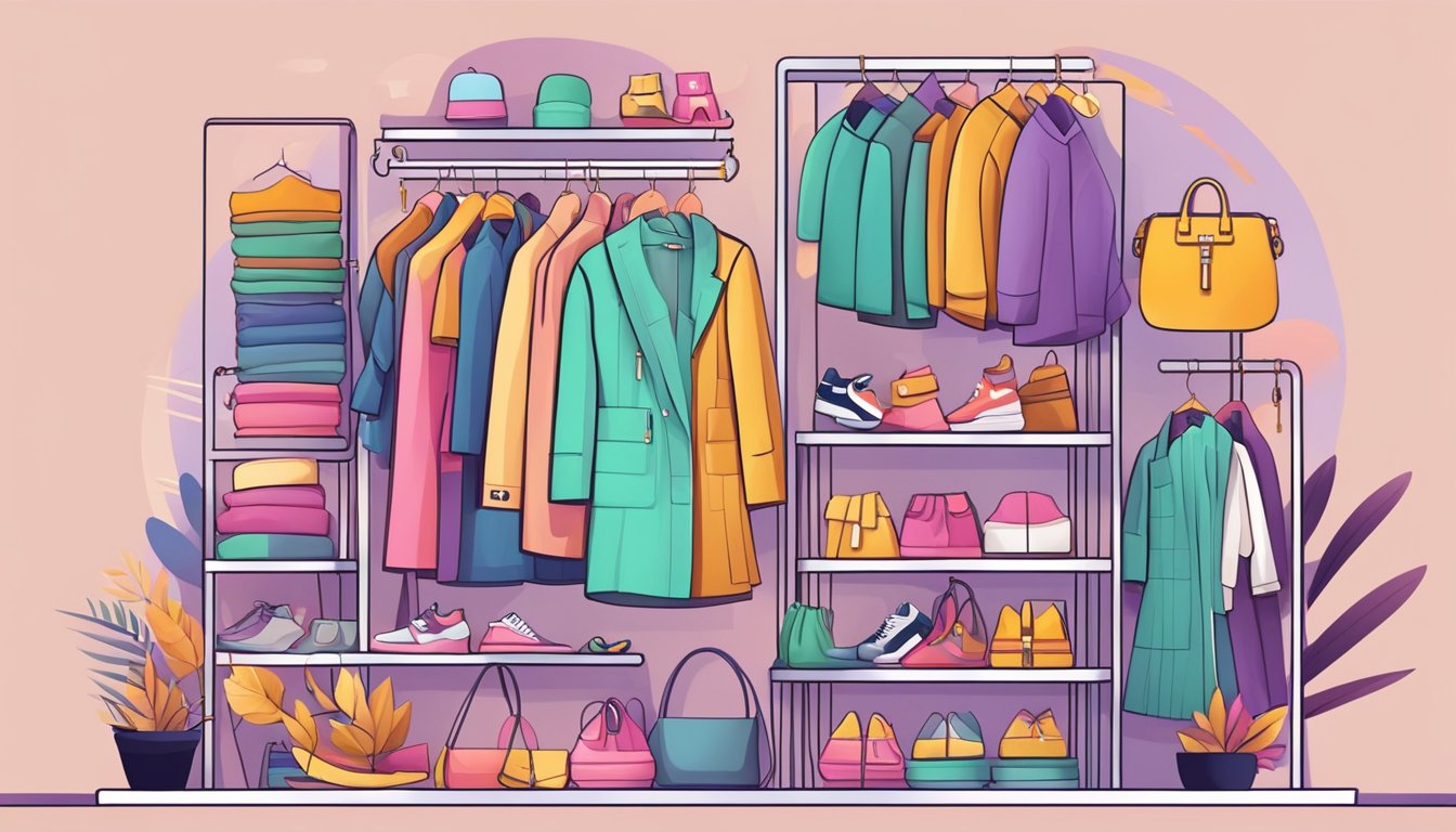A colorful array of trendy clothing items displayed on a digital platform, with a sleek and modern interface, showcasing the latest fast fashion online brands
