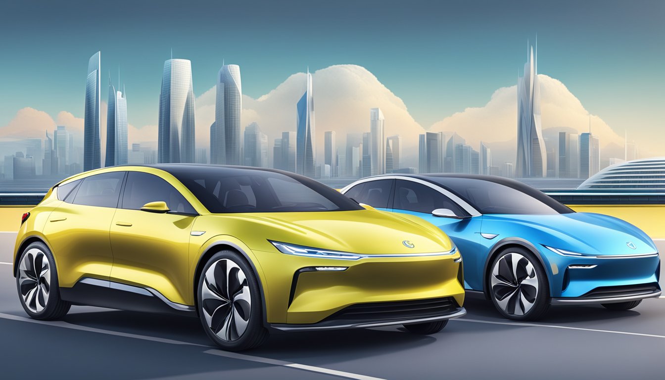 Three prominent Chinese electric vehicle brands stand side by side, with sleek, futuristic designs and clean energy technology